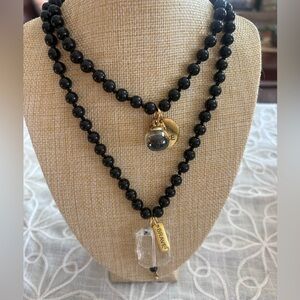 “Grit and Grace” Black Double-Knotted Beaded Necklace with Large Clear Crystal